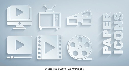 Set Play Video, 3D cinema glasses, Online play video, Film reel, Retro tv and  icon. Vector