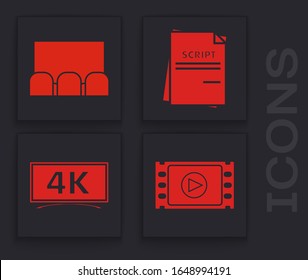 Set Play Video , Cinema auditorium with screen and seats , Scenario  and Screen tv with 4k Ultra HD video technology  icon. Vector