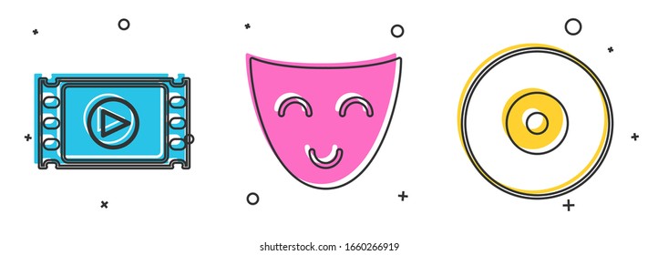 Set Play Video , Comedy theatrical mask  and CD or DVD disk  icon. Vector