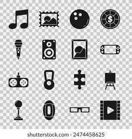 Set Play Video, Easel or painting art boards, Portable video game console, Bowling ball, Stereo speaker, Microphone, Music note, tone and Picture landscape icon. Vector