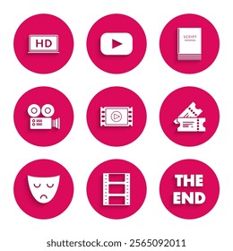 Set Play Video, The End handwritten inscription, Cinema ticket, Drama theatrical mask, camera, Scenario and Laptop screen with HD video technology icon. Vector