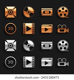 Set Play Video, Film reel, Cinema camera, Online play video, 3D word, VHS cassette tape, Movie spotlight and CD DVD disk icon. Vector