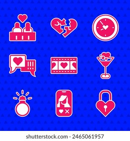 Set Play Video with heart, Dating app online, Castle the shape of, Martini glass, Diamond engagement ring, Heart speech bubble, Clock and Couple love icon. Vector