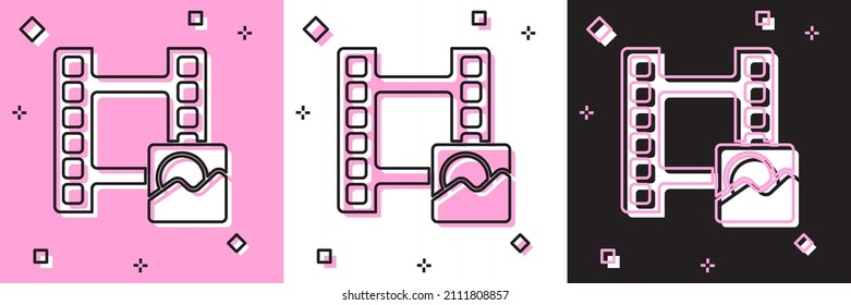 Establece el icono Reproducir vídeo aislado en fondo rosa y blanco, negro. Signo de tira de película.  Vector