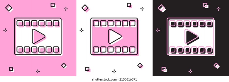 Set Play Video icon einzeln auf rosafarbenem, weißem, schwarzem Hintergrund. Filmstreifen mit Spielzeichen. Vektorgrafik