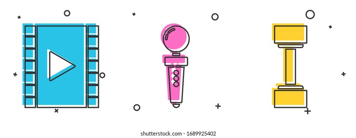 Set Play Video, Joystick für Arcade Machine und Dumbell Symbol. Vektorillustration