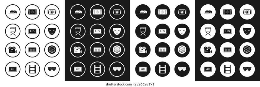 Set Play Video, Laptop screen with HD video technology, Director movie chair, Cap inscription director, Drama theatrical mask, Film reel and Cinema camera icon. Vector