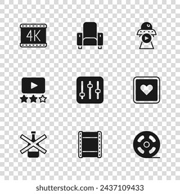 Set Play video, Like heart, Film reel, Sound mixer controller, Science fiction, 4k movie, Cinema chair and Rating icon. Vector