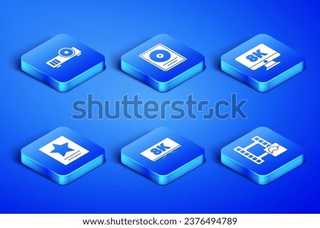 Set Play Video, Media projector, Screen tv with 8k, Hollywood walk of fame star, CD disk award in frame and Monitor icon. Vector