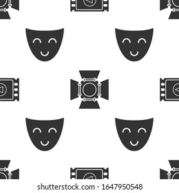 Set Play Video , Movie spotlight  and Comedy theatrical mask  on seamless pattern. Vector