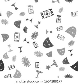 Set Play Video , Movie trophy , Comedy theatrical mask  and Bang boom text speech bubble balloon  on seamless pattern. Vector