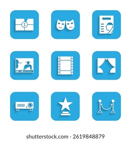 Set Play Video, Movie trophy, Rope barrier, Curtain, Movie, film, media projector, Online play video, Cinema poster and Old movie countdown frame icon. Vector