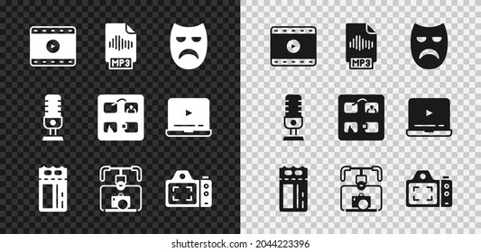 Set Play Video, MP3 file document, Drama theatrical mask, Cinema ticket, Gimbal stabilizer with camera, Photo, Microphone and Storyboard icon. Vector