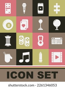 Set Play Video, Music synthesizer, Golf ball on tee, Online play video, Playing cards, Billiard pool snooker, Domino and Joystick for arcade machine icon. Vector