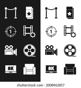 Set Play Video, Old film movie countdown frame, Rope barrier, Cinema ticket, camera, Film reel, chair and Laptop with 8k icon. Vector