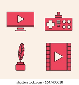 Set Play Video, Online play video, Gamepad and Feather and inkwell icon. Vector