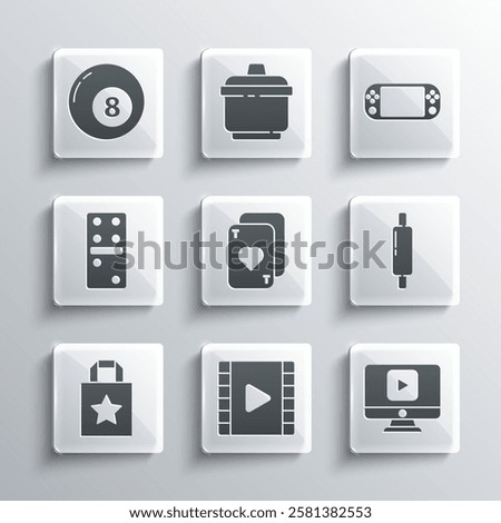 Set Play Video, Online play video, Rolling pin, Playing cards, Paper shopping bag, Domino, Billiard pool snooker ball and Portable game console icon. Vector