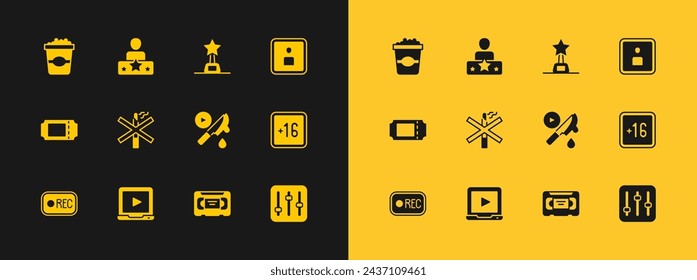 Set Play Video, Online play video, Thriller movie, VHS cassette tape, No smoking, Movie trophy, Popcorn cardboard box and Actor star icon. Vector
