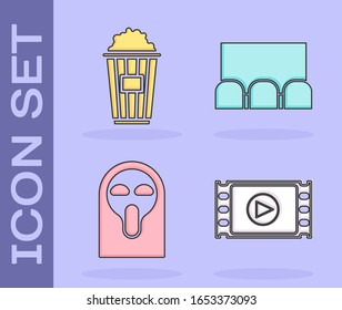 Set Play Video , Popcorn in cardboard box , Funny and scary ghost mask and Cinema auditorium with screen and seats  icon. Vector