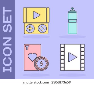 Set Play Video, Portable video game console, Casino chip and playing cards and Fitness shaker icon. Vector