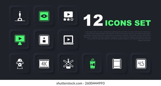Set Play video, Rating movie, Video, Paper glass with water, Online play, 4k,  and No alcohol icon. Vector