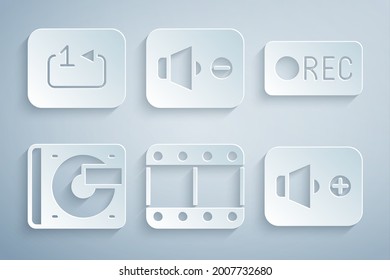 Set Play video, Record button, Vinyl player with vinyl disk, Speaker volume, mute and Repeat track music icon. Vector