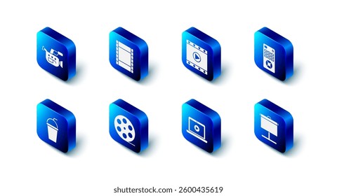 Set Play Video, Remote control, Projection screen, Online play video, Film reel, Paper glass with straw and Cinema camera icon. Vector