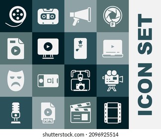 Set Play Video, Retro cinema camera, Online play video, Megaphone, AVI file document, Film reel and Backstage icon. Vector