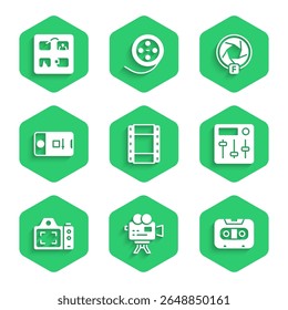 Set Play Video, Retro cinema camera, audio cassette tape, Sound mixer controller, Photo, and video shooting, Camera shutter and Storyboard icon. Vector