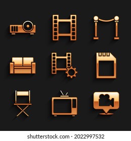 Set Play Video, Retro Tv, Camera And Location, SD Card, Director Movie Chair, Cinema, Rope Barrier And Media Projector Icon. Vector