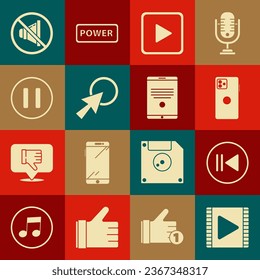 Configure Reproducir vídeo, Rebobinar, Smartphone, teléfono móvil, cuadrado, cursor de flecha, botón Pausa, Silencio del altavoz e icono de Tablet. Vector