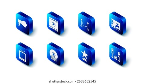 Set Play Video, Rope barrier, Online play video, Home stereo with two speakers, Movie trophy, CD or DVD disk, Retro tv and Megaphone icon. Vector