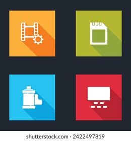 Set Play Video, SD card, Camera film roll cartridge and Cinema auditorium with seats icon. Vector