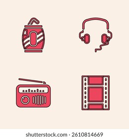 Set Play Video, Soda can with straw, Headphones and Radio antenna icon. Vector