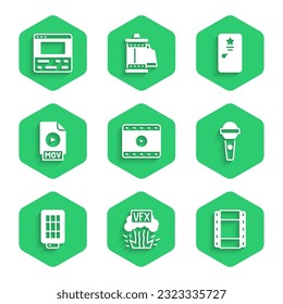 Set Play Video, VFX, Microphone, Softbox light, MOV file document, Backstage and recorder laptop icon. Vector