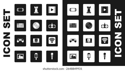 Set Play Video, Vinyl disk, Music synthesizer, Portable video game console, Gamepad, Business strategy, Wi-Fi wireless internet network and  icon. Vector