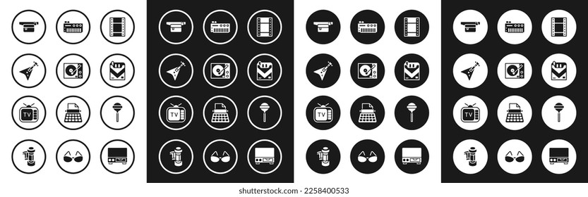 Set Play Video, Vinyl player, Electric bass guitar, Waist bag of banana, Cigarettes pack box, Music synthesizer, Lollipop and Retro tv icon. Vector