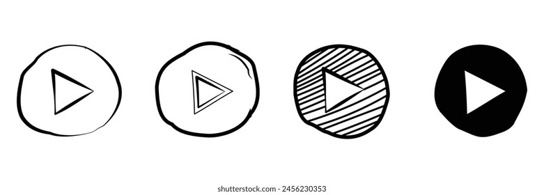 Set of Player Button icon sign. Hand drawn doodle style symbol. Vector Illustration.