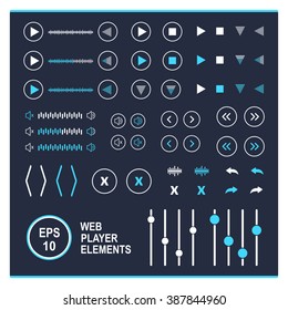 Set of player buttons isolated on dark background. Web player elements. Flat style vector illustration. 