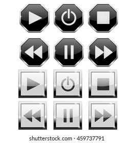 Set of player buttons. Square and octagon collections. Vector illustration isolated on white background
