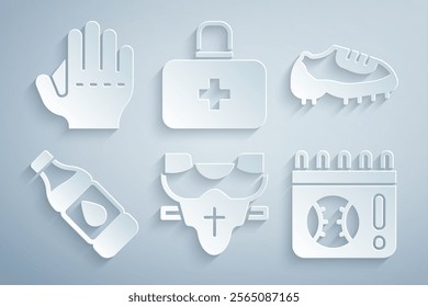 Set Player chest protector, Baseball boot, Bottle of water, Calendar with baseball game, First aid kit and glove icon. Vector