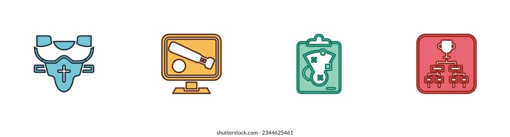 Set Player chest protector, Monitor with baseball game, Planning strategy and Championship tournament bracket icon. Vector