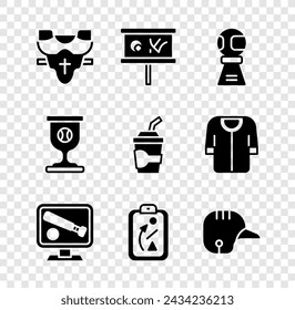 Set Player chest protector, Planning strategy, Award cup with baseball ball, Monitor game, Baseball helmet,  and Paper glass water icon. Vector