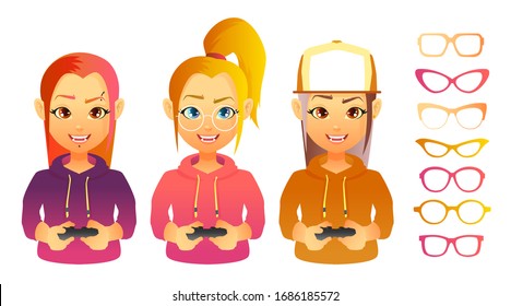 Set of player, gamer girl with joystick and set of eyeglasses, isolated on white background