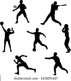 Set of player icon. Black Silhouette Sport label on white Background. Character Simple style. Vector Illustration.