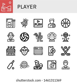 Set of player icons such as Golf, Mp player, Volleyball, Play, Footballer, Basketball, Golfer, Paintball, Hockey player, Stadium, Hockey mask, Amplifier, Play button ,