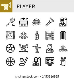 Set of player icons such as Trumpet, Badminton, Stadium, Waterpolo, Golfer, Video player, Ice hockey, Remote control, Home theater, Cricket stump, Soccer ball, DJ, Shuffle , player