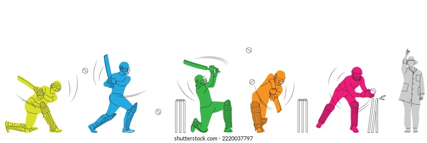 set of player playing cricket action pose line art championship vector illustration. 