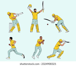 Set of player playing cricket match action poses vector illustration championship vector illustration.
