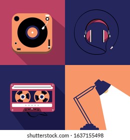 Set of Player for vinyl record, table lamp, headphones, Retro audio tape cassette. Flat design vector illustration.